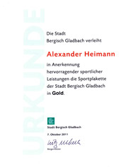 Sportplakette der Stadt Bergisch Gladbach in Gold 2011