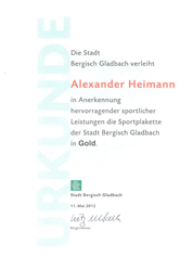 Sportplakette der Stadt Bergisch Gladbach in Gold 2012